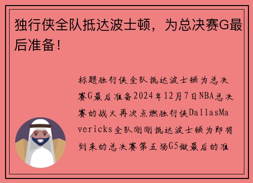 独行侠全队抵达波士顿，为总决赛G最后准备！