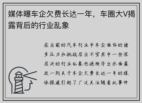 媒体曝车企欠费长达一年，车圈大V揭露背后的行业乱象