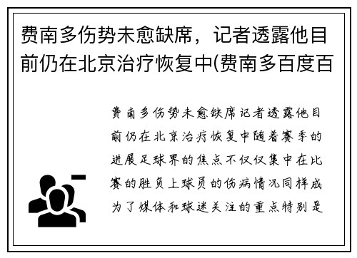 费南多伤势未愈缺席，记者透露他目前仍在北京治疗恢复中(费南多百度百科)