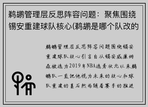 鹈鹕管理层反思阵容问题：聚焦围绕锡安重建球队核心(鹈鹕是哪个队改的)